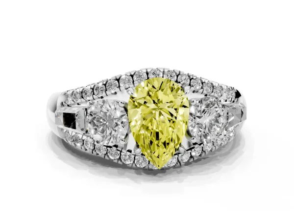 Fancy Yellow Three-Stone Pear Cut Diamond Engagement Ring with Pave Band and Prong Setting Platinum