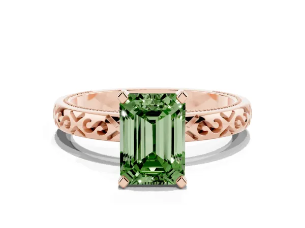 Fancy Green Emerald Cut Solitaire Engagement Ring with Scrollwork Band and Four-Prong Setting Rose gold