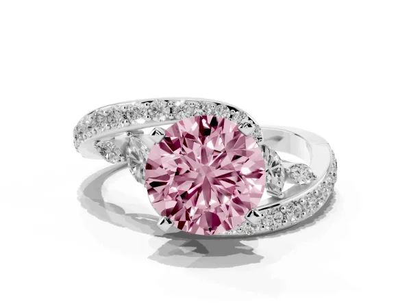 Fancy Pink Round Cut Solitaire with Pavé Twist Band and Four-Prong Setting White gold