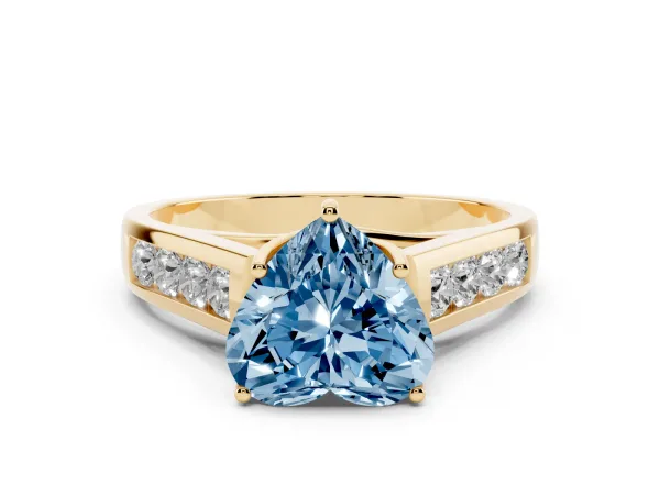Fancy Blue Heart Cut Solitaire Channel-Set Diamond Engagement Ring with Four-Prong Setting Yellow gold