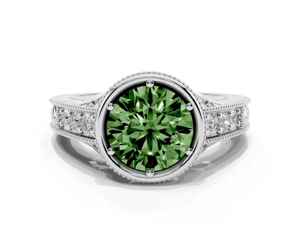 Fancy Green Bezel Set Round Cut Diamond Milgrain Pave Engagement Ring Platinum