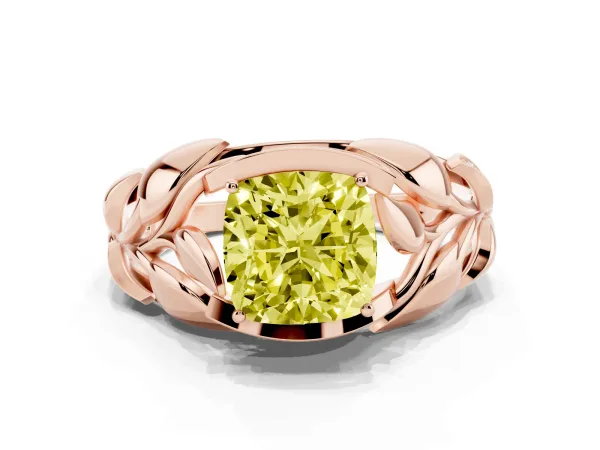 Fancy Yellow Cushion Cut Diamond Leaf-Inspired Engagement Ring with Round Accents and Prong Setting Rose gold