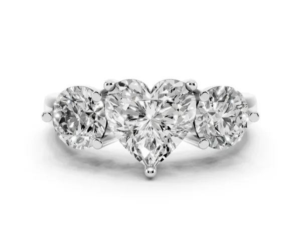 Three-Stone Heart Cut Brilliant Cut Solitaire Ring with Prong Setting on a Classic Band Platinum