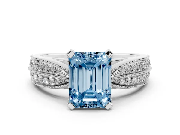Fancy Blue Emerald Cut Diamond Solitaire Ring with Milgrain Round Pavé Band and Prong Setting White gold