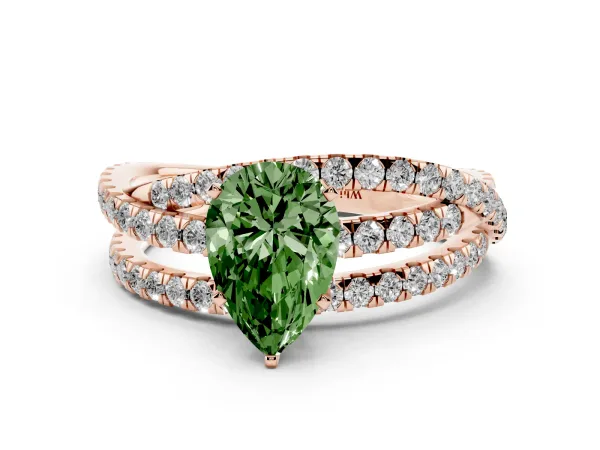 Fancy Green Pear Cut Solitaire Twist Band with Pavé Setting and Four-Prong Setting Rose gold