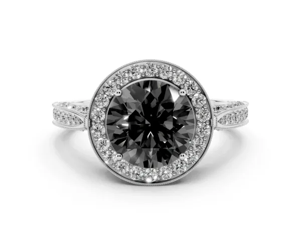 Fancy Black Round Cut Halo Diamond Engagement Ring with Split Shank Band and Four-Prong Setting Platinum
