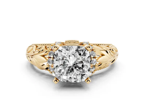Cushion Cut Solitaire Filigree Engagement Ring with Halo and Prong Setting Yellow gold