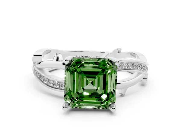 Fancy Green Asscher Cut Solitaire Twist Band with Pavé Accents and Four-Prong Setting White gold