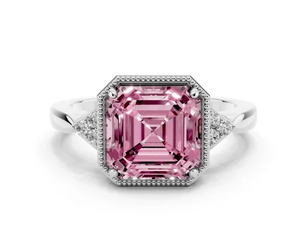 Fancy Pink Asscher Cut Diamond Halo Ring with Tapered Band and Four-Prong Setting White gold