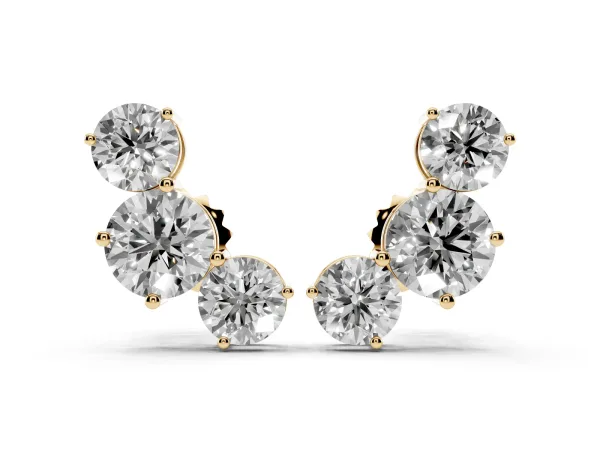 Round Cut Diamond Graduated Three-Stone Stud Earrings Yellow gold