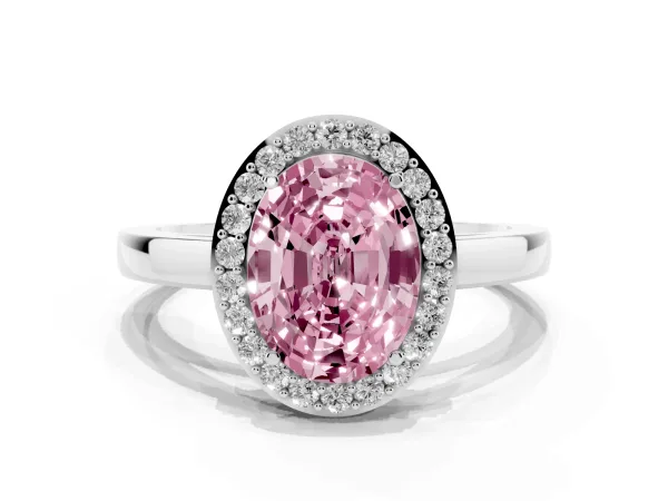 Fancy Pink Oval Cut Halo Diamond Ring with Solitaire Band and Prong Setting White gold