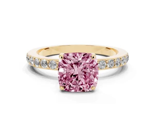 Fancy Pink Cushion Cut Diamond Solitaire Engagement Ring with Pavé Band and Four-Prong Setting Yellow gold