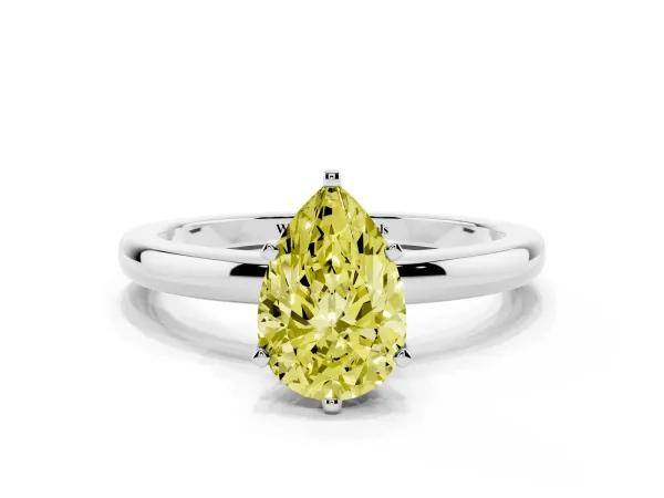 Fancy Yellow Pear Cut Solitaire Diamond Ring with Six-Prong Setting on a Classic Band White gold