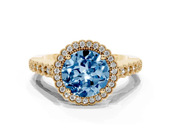 Fancy Blue Round Cut Cut Halo Pavé Solitaire Ring with Milgrain Band Yellow gold