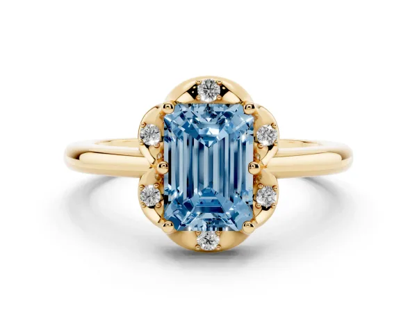 Fancy Blue Emerald Cut Halo Diamond Ring with Round Cluster Setting, Solitaire Band, and Four-Prong Setting Yellow gold