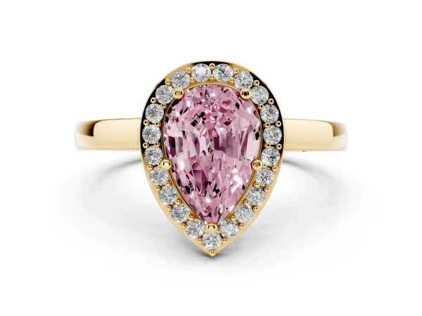 Fancy Pink Pear Cut Halo Diamond Ring with Solitaire Band and Prong Setting Yellow gold
