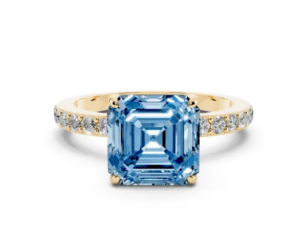 Fancy Blue Asscher Cut Diamond Solitaire Engagement Ring with Pavé Band and Four-Prong Setting Yellow gold