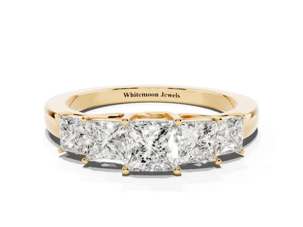 Princess Cut Five-Stone Diamond Ring with Classic Prong Setting Yellow gold
