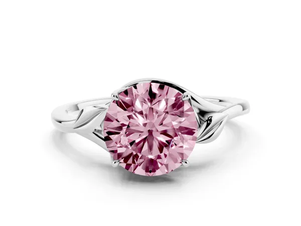 Fancy Pink Round Cut Diamond Solitaire Ring with Twist Band and Four-Prong Setting Platinum