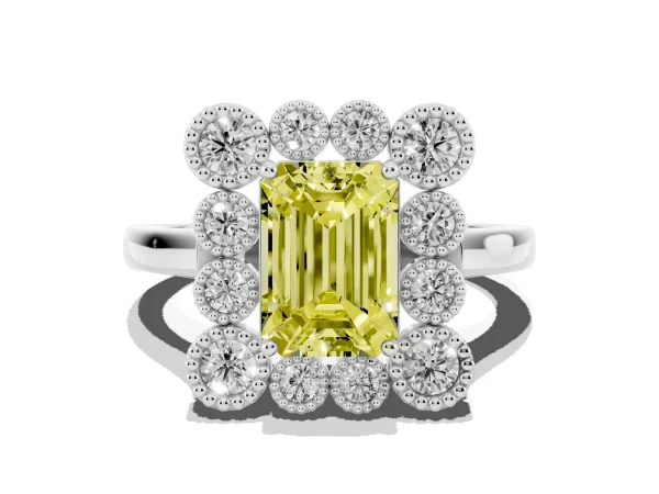 Fancy Yellow Emerald Cut Halo Diamond Cluster Engagement Ring with Milgrain Bezel Setting and Solitaire Band Platinum