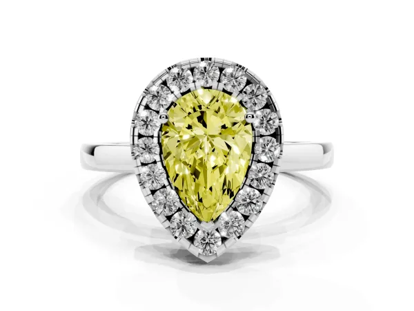 Fancy Yellow Pear Cut Halo Diamond Solitaire with Pavé Band and Four-Prong Setting Platinum