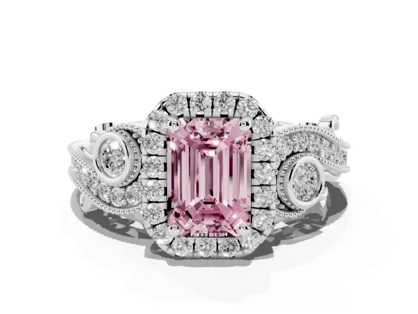 Fancy Pink Emerald Cut Diamond Halo Ring with Milgrain Pavé Band and Four-Prong Setting White gold