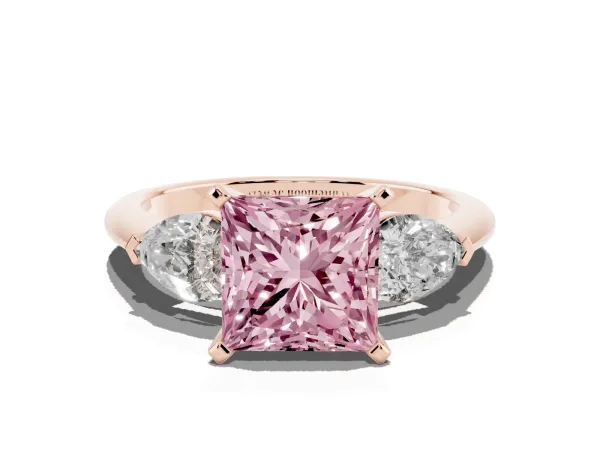 Fancy Pink Three-Stone Princess Cut Diamond Ring with Pear Side Stones and Four-Prong Setting Rose gold