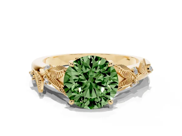 Fancy Green Round Cut Diamond Solitaire Ring with Leaf Motif Band and Four-Prong Setting Yellow gold