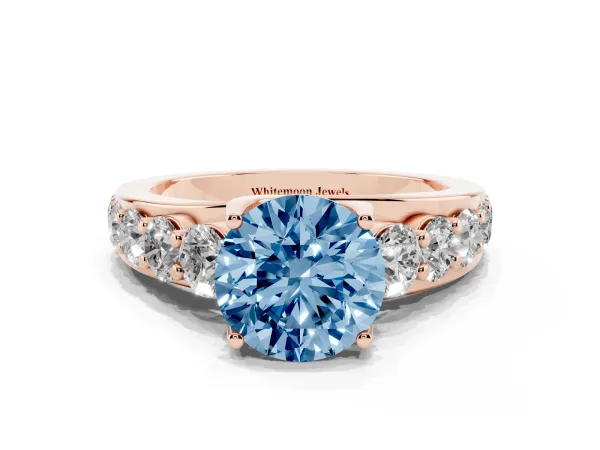 Fancy Blue Round Cut Diamond Engagement Ring with Pavé Band and Four-Prong Setting Rose gold