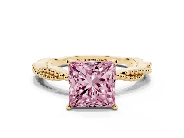 Fancy Pink Princess Cut Solitaire Twisted Band with Bead Prong Setting Yellow gold