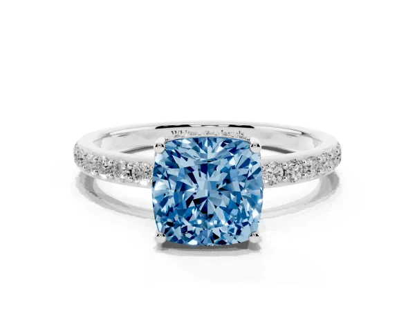 Fancy Blue Cushion Cut Diamond Solitaire Ring with Pavé Band and Hidden Halo Platinum
