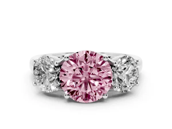 Fancy Pink Three-Stone Round Cut Diamond Engagement Ring with Prong Setting White gold