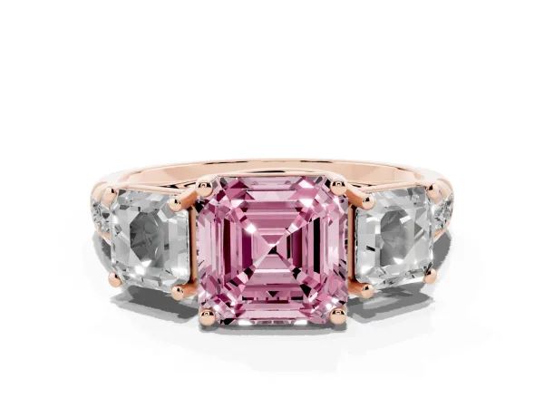 Fancy Pink Three-Stone Asscher Cut Diamond Pavé Band with Prong Setting Rose gold