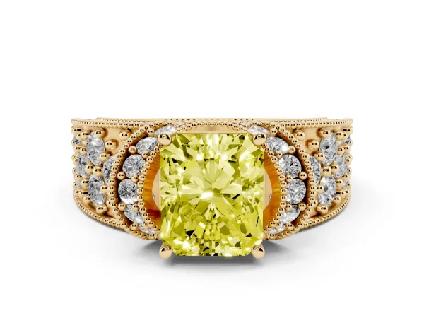 Fancy Yellow Radiant Cut Halo Pave Diamond Engagement Ring with Milgrain Detailing Yellow gold