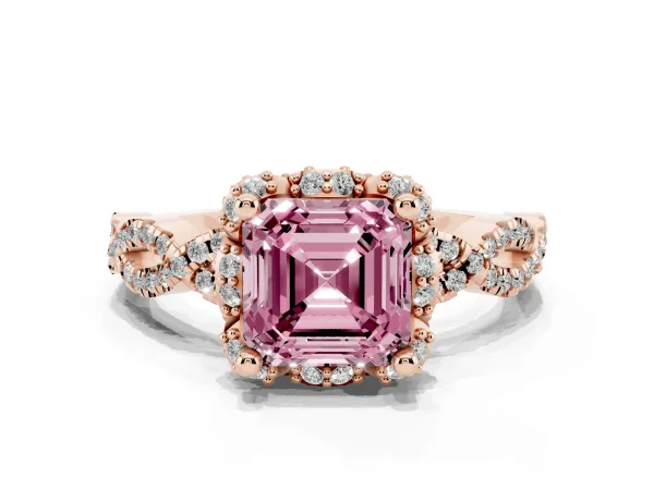 Fancy Pink Asscher Cut Halo Twist Band Solitaire Ring with Six-Prong Setting Rose gold