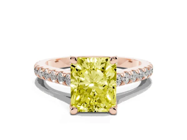 Fancy Yellow Radiant Cut Brilliant Diamond Solitaire with Pavé Band and Four-Prong Setting Rose gold