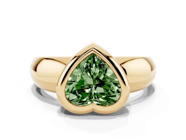Fancy Green Bezel Set Heart Cut Solitaire Ring with Wide Band Yellow gold