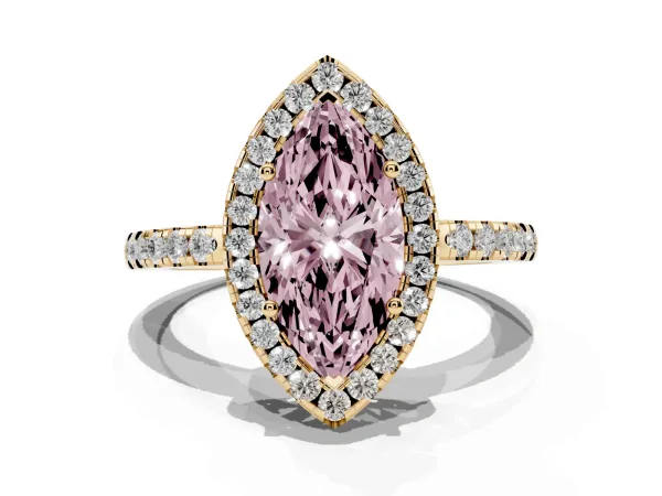 Fancy Pink Marquise Cut Halo Diamond Engagement Ring with Pavé Band and Four-Prong Setting Yellow gold