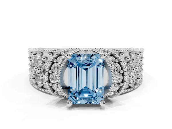 Fancy Blue Emerald Cut Halo Pave Diamond Engagement Ring with Milgrain Detailing Platinum