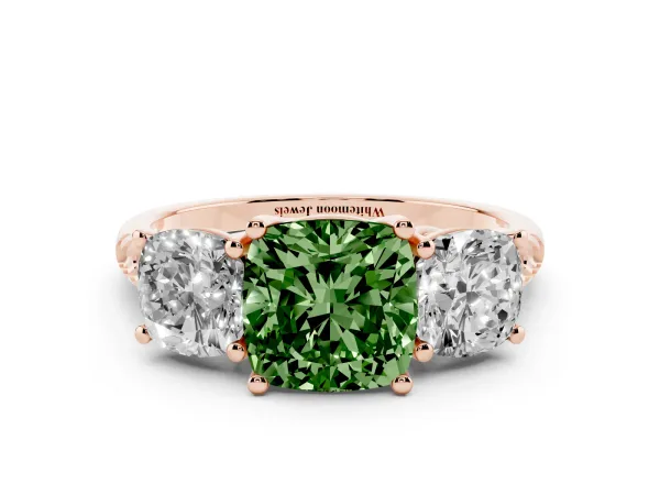 Fancy Green Three-Stone Cushion Cut Diamond Ring with Round Pavé Band and Prong Setting Rose gold
