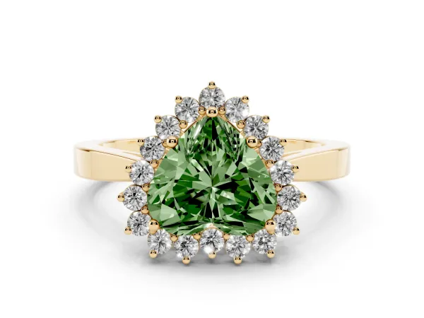 Fancy Green Heart Cut Cut Diamond Halo Ring with Round Brilliant Halo and Solitaire Band Yellow gold