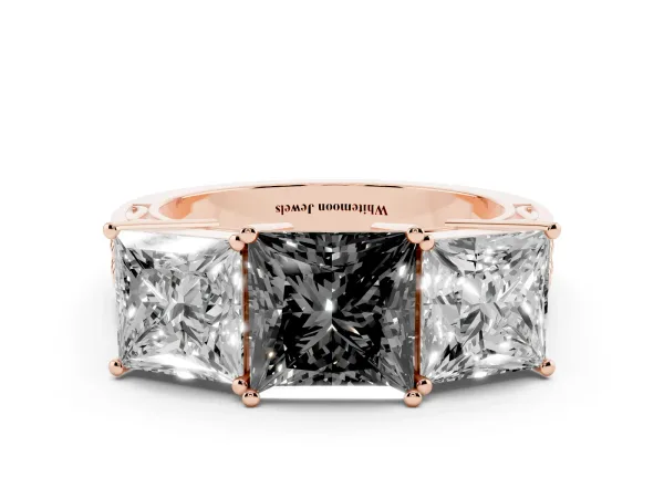 Fancy Black Princess Cut Diamond Three-Stone Ring with Prong Setting and Textured Band Rose gold