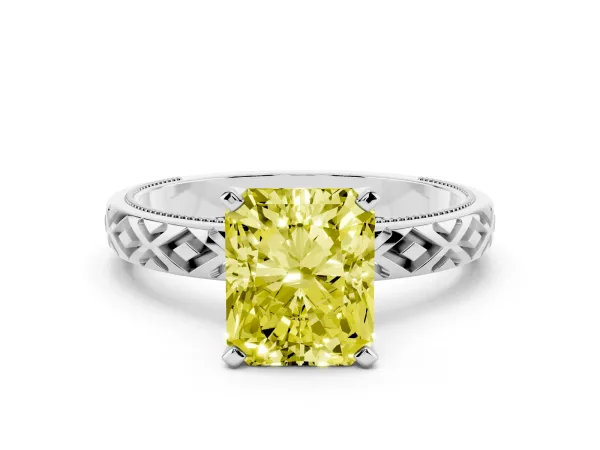 Fancy Yellow Radiant Cut Solitaire Diamond Ring with Milgrain and Black Enamel X Pattern Band Platinum