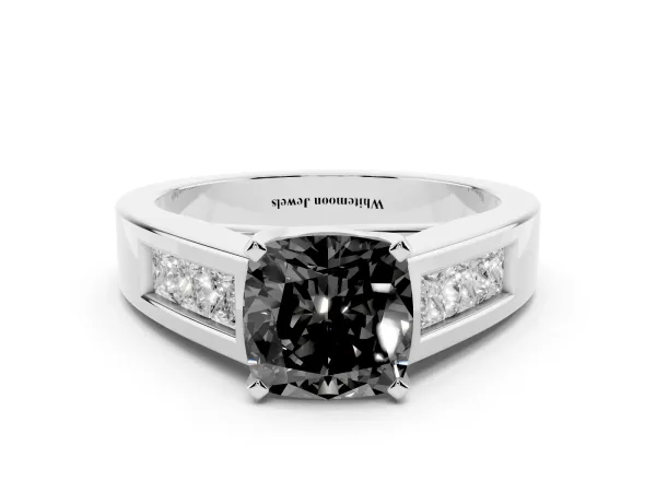 Fancy Black Cushion Cut Cut Channel Set Solitaire Ring with Four-Prong Setting Platinum