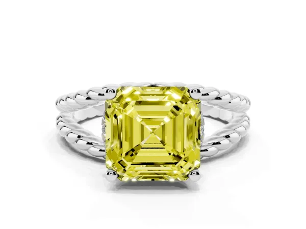 Fancy Yellow Asscher Cut Halo Twisted Band Four-Prong Ring Platinum