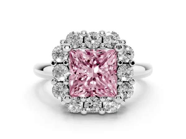 Fancy Pink Princess Cut Halo Cluster Diamond Engagement Ring with Prong Setting and Polished Band White gold