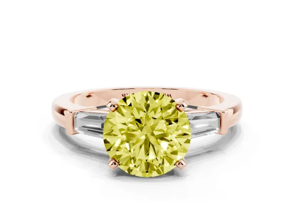 Fancy Yellow Round Cut Cut Diamond Solitaire Ring with Tapered Baguette Accents and Four-Prong Setting Rose gold