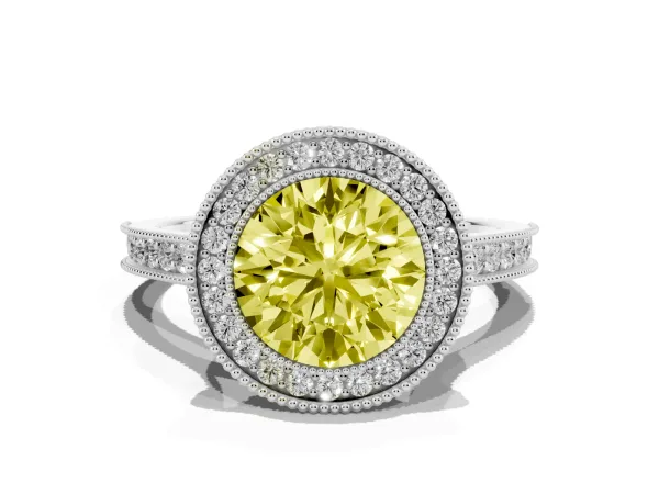 Fancy Yellow Halo Round Cut-Cut Diamond Pave Band Milgrain Prong Setting Ring White gold