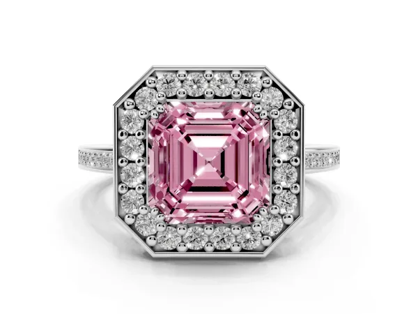 Fancy Pink Asscher Cut Diamond Halo Ring with Split Shank and Four-Prong Setting White gold