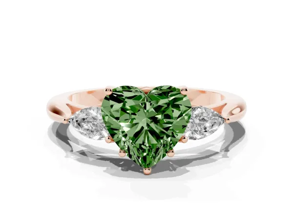 Fancy Green Three-Stone Heart Cut Brilliant Diamond Solitaire Ring with Tapered Band and Four-Prong Setting Rose gold